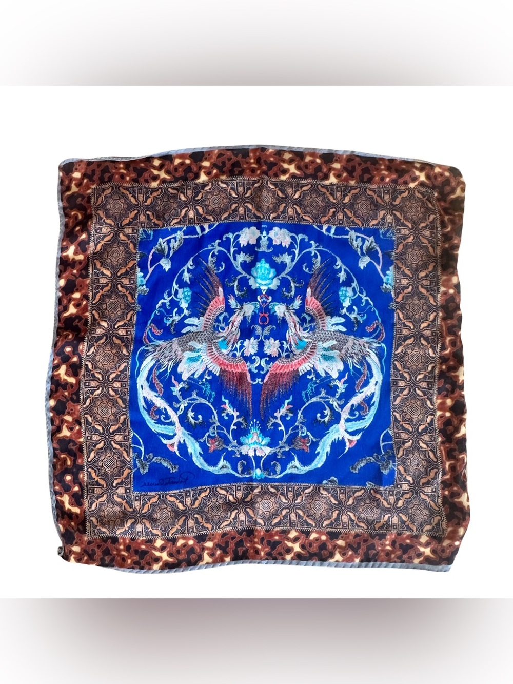 ROBERTO CAVALLI Blue Multicolor Ornate Silk Scarf
